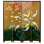 China Furniture and Arts - Gold Leaf Koi Fish Asian Floor Screen - Well known in Chinese culture, the picture of nine-Koi symbolize prosperity and good luck in Chinese culture. Hand painted on gold-leafed surface, our four-panel floor screen not only provides artistic decoration but is also an indispensable item for Feng-Shui arrangement. Brass plated feet to match the overall design. Gold bamboo trees are softly painted on the back.