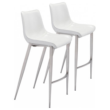 Set of Two White Faux Leather and Steel Modern Stitch Bucket Bar Chairs