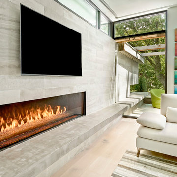 Great Room Fireplace with Indoor / Outdoor Concrete Hearth