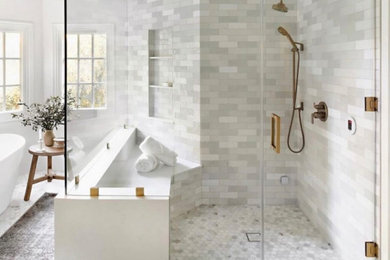Mid-sized gray tile and ceramic tile marble floor and gray floor bathroom photo in Dallas with a hinged shower door and white walls