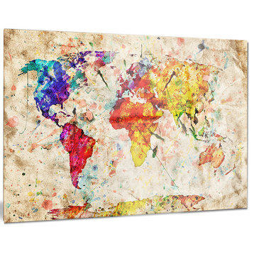 "Vintage World Map Watercolor" Maps Painting Glossy Metal Wall Art, 28"x12"
