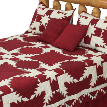 Red Feathered Star Queen Quilt, 85"W X 95"L, Super Queen