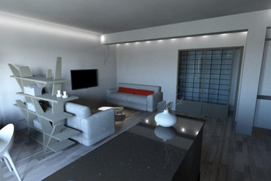 Diseño de salón con barra de bar abierto minimalista de tamaño medio sin chimenea con paredes blancas, suelo de madera clara y televisor colgado en la pared