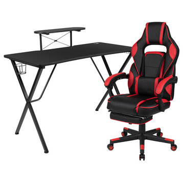Black Gaming Desk W/ Cup Holder/Headphone Hook/Monitor Stand & Red  Chair