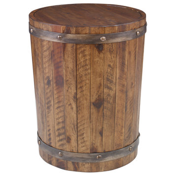 Rustic Wood Wine Barrel Accent Table Whiskey Iron Straps Drum Traditional