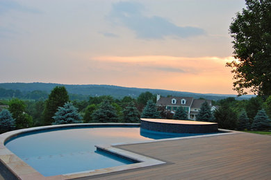 Photo of a mid-sized eclectic backyard custom-shaped pool in New York with decking.