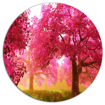 Mysterious Red Cherry Blossoms, Landscape Large Disc Metal Artwork, 23"
