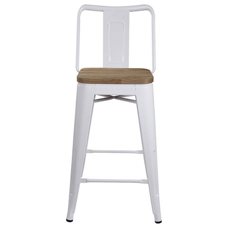 White Middle Back Metal Barstools With Wooden Seat, Set of 3