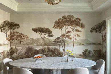 Dining room - contemporary dark wood floor, brown floor and wallpaper dining room idea in Other with multicolored walls