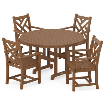 Polywood Chippendale 5-Piece Round Farmhouse Arm Chair Dining Set, Teak