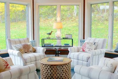 Photo of a mid-sized traditional sunroom in Boston with a standard ceiling, carpet, no fireplace and white floor.