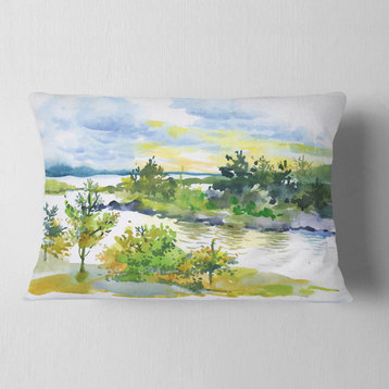 Autumn Forest and Lake Watercolor Landscape Printed Throw Pillow, 12"x20"