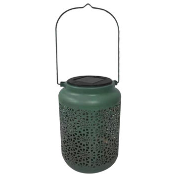 7" Green Integrated Floral Pattern Outdoor Solar Lantern With Handle