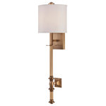 Savoy House - Devon 1-Light Wall Sconce, Warm Brass - With its perfect blend of traditional and contemporary style the Devon sconce will be right at home in your transitional decor. The clean straight lines of the light arm and square wall plate are lightly embellished with simple attractive finial and detailing. And the light-colored brass finish is warm and inviting. A white drum-style shade is chic and fresh-looking and the single 60W C-style bulb provides lovely light. Overall the Devon is a fixture with a timeless elegant aesthetic. This sconce is 7.5 wide 26.5 high and extends a 5.5 from the wall. It is simple yet sophisticated style for your dining area living room bedroom great room entryway office media room or hallway.