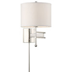 Crystorama - Marshall 1 Light Polished Nickel Wall Mount - The functional and stylish Marshall task light is versatile enough to fit into any interior. Stylish, modern and minimal, the fixture features a large white silk drum shade on a stately frame producing a soft diffused light that adds warmth to any space. The side to side Swing arm provides focused light and is powered by a dimmable switch to adjust brightness and can be hardwired or plugged into your outlet and. This fixture is both transitional and contemporary, allowing its design to be incorporated easily into any home decor.