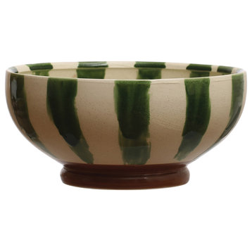 10.25" Round Hand-Painted Footed Bowl, Stripes, Green, White, Brown