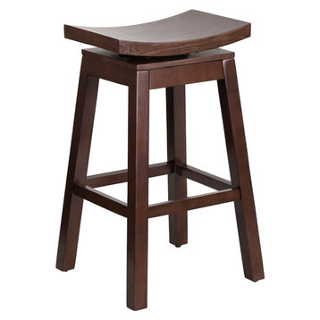 30" High Saddle Seat Cappuccino Wood Barstool With Auto Swivel Seat Return