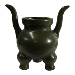 Chinese Handmade Dark Olive Army Green Ceramic Accent Ding Holder - Decorative Jars And Urns