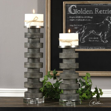 Concrete Charcoal Gray Candle Holder, Set of Pair, Pillar Round Stacked Discs