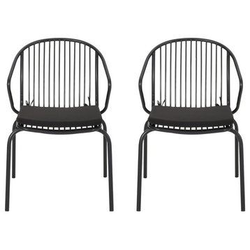 Sarah Outdoor Modern Iron Club Chair With Cushion, Set of 2, Matte Black and Bla
