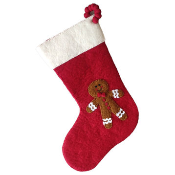Gingerbread Boy on Red Christmas Stocking in Hand Felted Wool