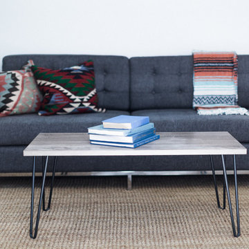 Gray Mid Century Style Sofa with Mexican Blanket and Turkish Kilim Pillows, Pape