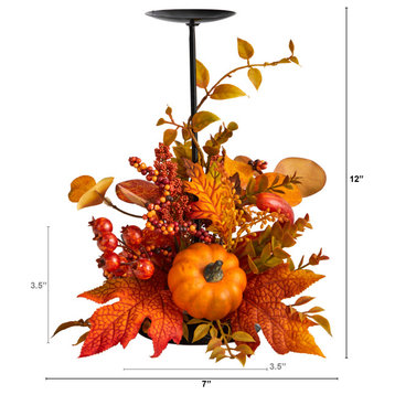 12" Fall Maple Leaves, Berries and Pumpkin Autumn Harvest Candle Holder