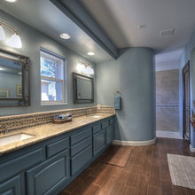 blue cabinets. upstairs bathroom