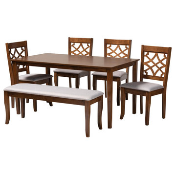 Aerni Gray Upholstered and Walnut Brown Wood 6-Piece Dining Set