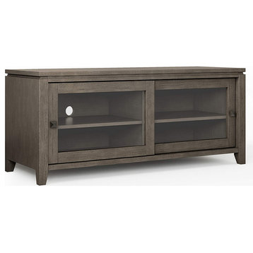 Contemporary TV Stand, Pine Wood With 2 Sliding Glass Doors, Farmhouse Grey
