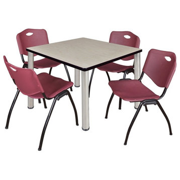 Kee 42" Square Breakroom Table, Maple, Chrome and 4 'M' Stack Chairs, Burgundy