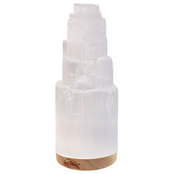Selenite Crystal Lamp,  Includes USB Cable & Wooden Base LED Light, 7 to 9"