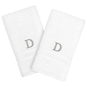 Denzi Hand Towels With Single Letter Silver Block Monogram, Set of 2, D