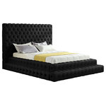 Meridian Furniture - Revel Velvet Upholstered Bed, Black, Queen - Feel like royalty when you lie down in this Revel velvet bed. This queen-size bed features soft black velvet that covers every square inch, leaving behind a silky trail of beauty. The true star of the show is the deep button tufted design and extra-tall headboard, both of which serve to make this a bed fit for a queen (or king). A staggered, layered design adds to the bed's dramatic look in your room.