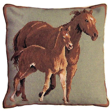 Throw Pillow Needlepoint Quarter Horses Horse Right 20x20 Sage Green