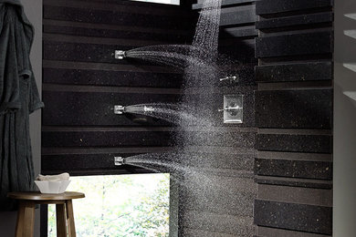 Mid-sized minimalist master doorless shower photo in Kansas City