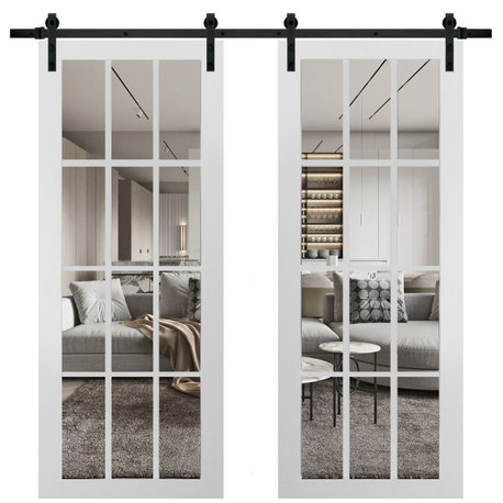 Double Barn Door 56 x 84 With Clear Glass, Felicia 3355 Matte White, 13FT Kit