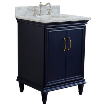 25" Single Vanity, Blue Finish With White Carrara And Oval Sink