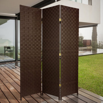 6 ft. Tall Woven Fiber Outdoor All Weather Room Divider 6 Panel Dark Brown