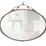 OCTOBER DESIGN EQUESTRIAN DECOR - 28"x20" Leather Equestrian Mirror with Snaffle Bit (Horiz), Brown - Hand-tacked Latigo buffalo leather around a high quality, beveled oval mirror. The mirror is embellished with a genuine nickel-finish snaffle bit faux-hanger, and matching sleek buckles and raised silver button tacks on either side. French cleat hanging hardware installed on the back of the mirror secures it to your wall.