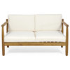 Benewah Outdoor Acacia Wood Loveseat and Coffee Table With Cushions, Teak, Cream