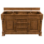 James Martin Vanities - Brookfield 60" Country Oak Single Vanity - The Brookfield 60", single sink, Country Oak vanity by James Martin Vanities features hand carved accenting filigrees and raised panel doors. Two doors, on either side, open to shelves for storage below and three center drawers, made up of a lower double-height drawer and both middle and top short-length standard drawers, offer additional storage space. The look is completed with Antique Brass finish door and drawer pulls. Matching decorative wood backsplash is included.