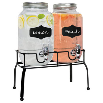 Glass Set of 2 Mason Jars Beverage Drink Dispensers on Metal Stand