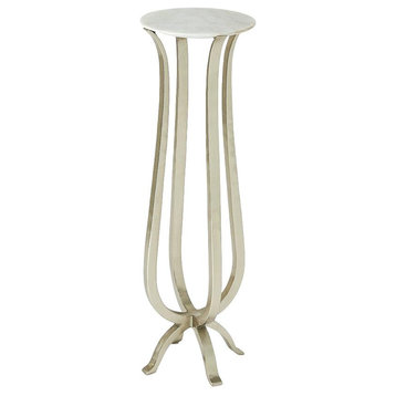 Open Curving Silver Nickel Metal Pedestal Table White Marble Top, Small