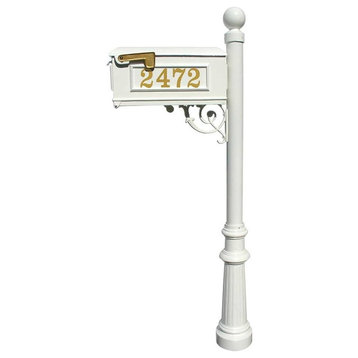 Mailbox Post System-Decorative Fluted Base-Gold Vinyl Personalized Number, White