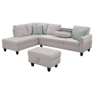 Devion Furniture Polyester Fabric Sectional Sofa with Ottoman-Light Gray