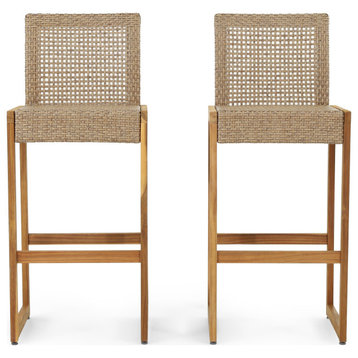 Resaca Outdoor Wicker Barstools, Set of 2, Light Multi-Brown and Teak