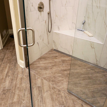 Rustic Master Bathroom with Barrier Free Shower and Closet Organization