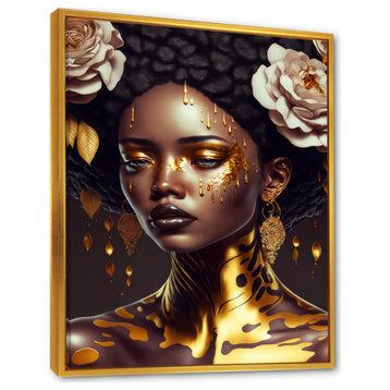Gold And Black Floral Woman VIII Framed Canvas, 16x32, Gold