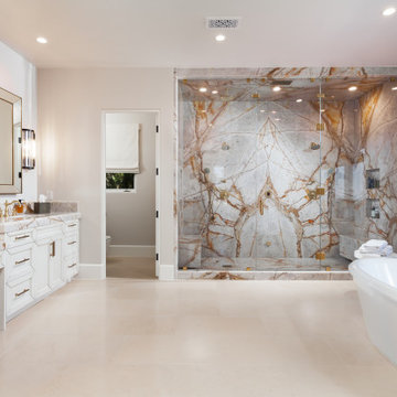 Primary Bathroom with Book-Matched Quartzite Steam Shower & Freestanding Tub – N